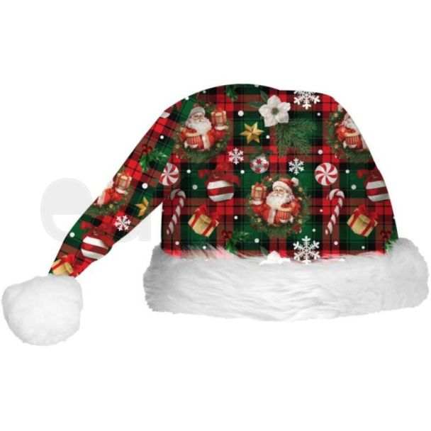 Christmas Plaid Pattern Hat Jolly Santa Design – Green