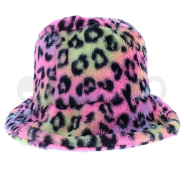 Adults Rainbow Leopard Faux Fur Bucket Hat