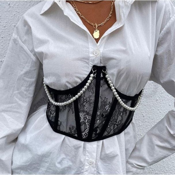 Floral Lace Underbust Corset With Pearls - Small 