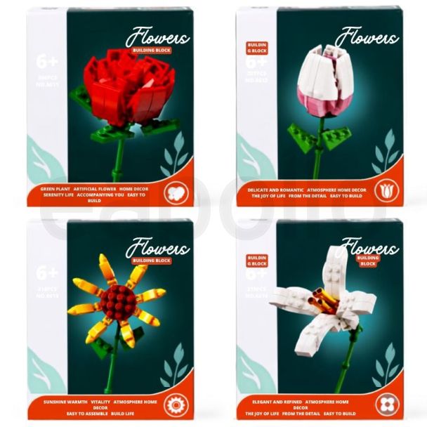 Flower Building Block Kits - 4 Assorted Designs - 14cm