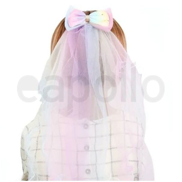 Glitter Rainbow Hair Bow With Fork Clip and Net Veil - Assorted - 9cm