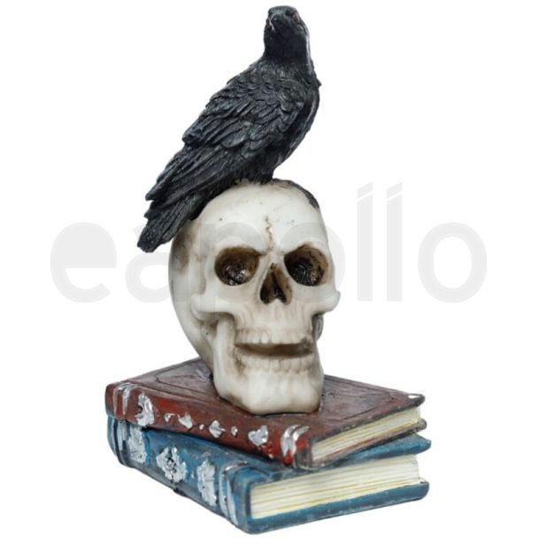 Gothic Crow on Skull and Book Stack Resin Ornament (10cm)