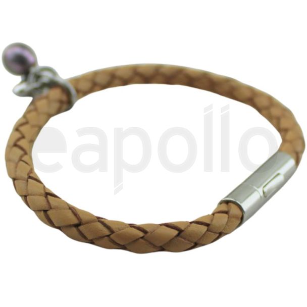 Tribal Tan Braided Leather Bracelet with Freshwater Pearl and Silver Heart Charm