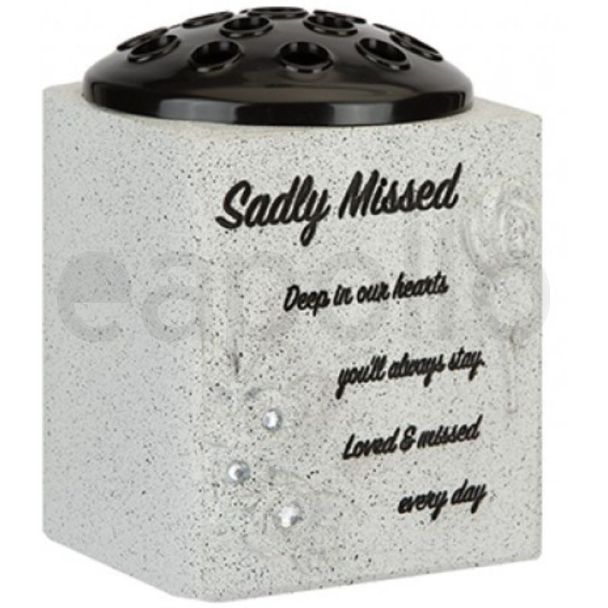 Graveside Grey Flower Pot with Rose Design – Sadly Missed (13.5cm)