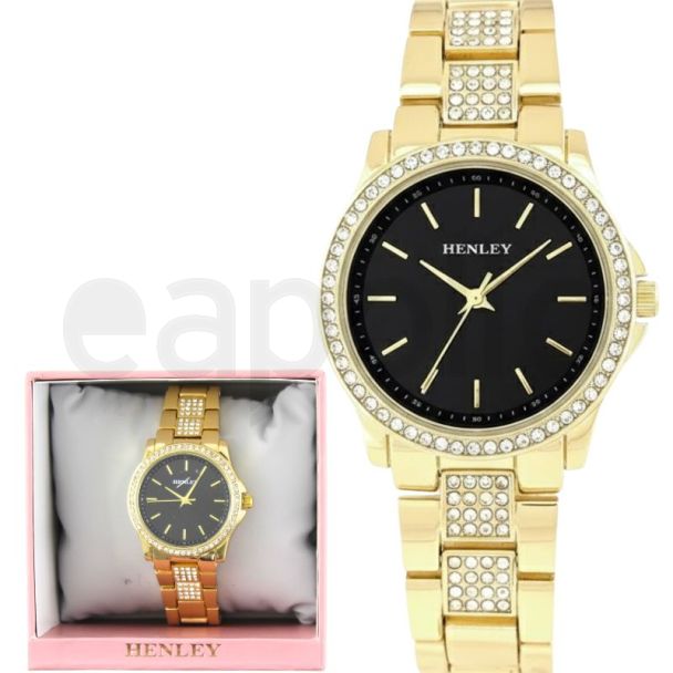 Henley Ladies Crystal Bracelet Watch - Black/Gold