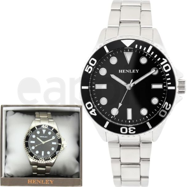 Henley Round Dial With Black Top Ring Men's Bracelet Watch - Black/Silver