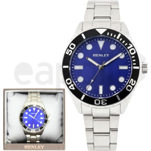 Henley Round Dial With Black Top Ring Men's Bracelet Watch - Blue/Silver
