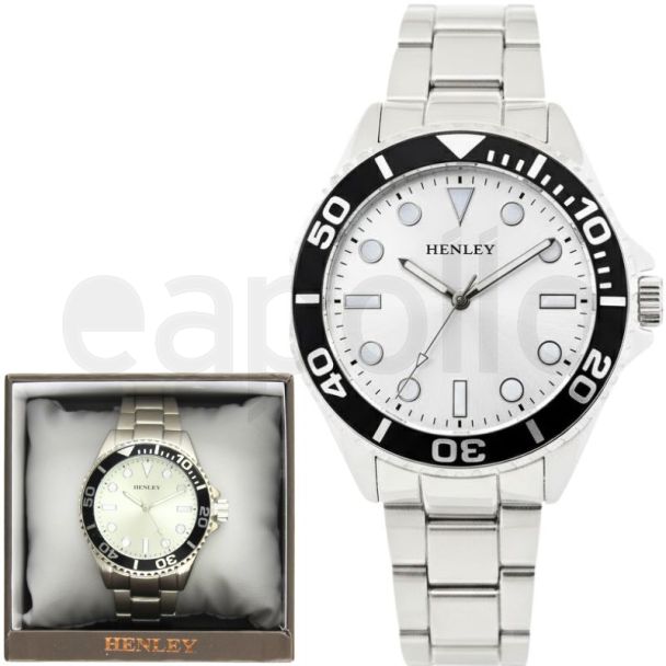 Henley Round Dial With Black Top Ring Men's Bracelet Watch - Silver