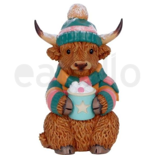 Highland Cow with Hot Cocoa Winter Figurine - 12.3cm