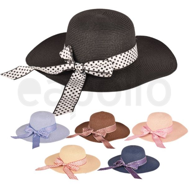 Ladies Crushable Straw Sun Hat with Bow Ribbon - Assorted