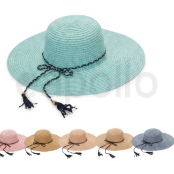 Ladies Wide Brim Straw Sun Hat with Braided Rope Tie & Tassels - Assorted