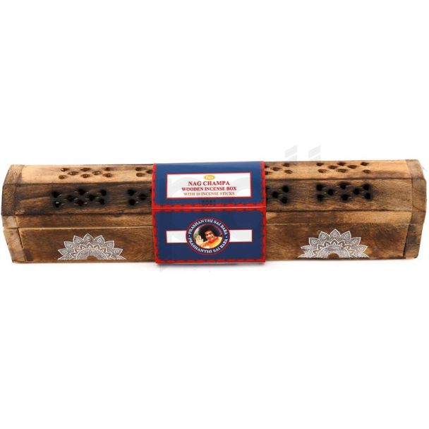 Large Mango Wood Nag Champa Incense Stick Box with 10 Sticks - 31cm