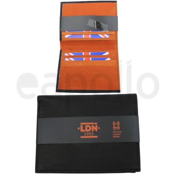LDN 1953 Genuine Leather Wallet with Orange Interior - Black