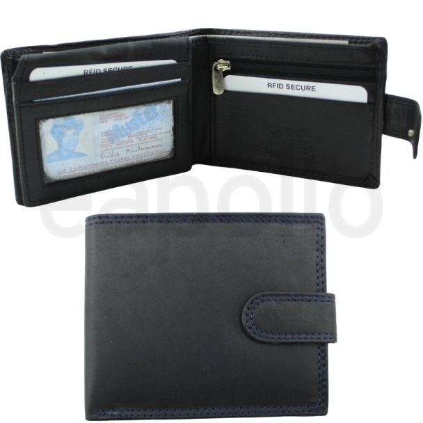 Men’s Leather RFID Euroborse Snap Bifold Wallet – Black / Navy