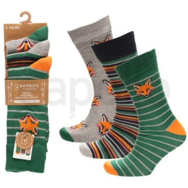 Men's Bamboo Blend Fox Design Socks - Pack of 3 - Assorted