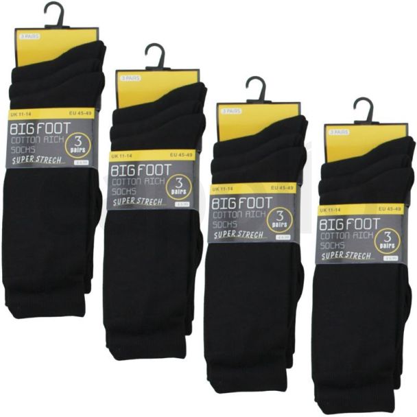 Men's Big Foot Cotton Rich Socks (3 Pack) - Black