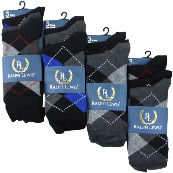 Men's Ralph Lewis Ankle Socks Argyle Design (3 Pack) - Assorted 
