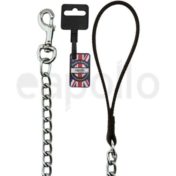 Welded Steel Chrome plated Chain Dog Lead With Leather Handle - Black (18'' Fitting)