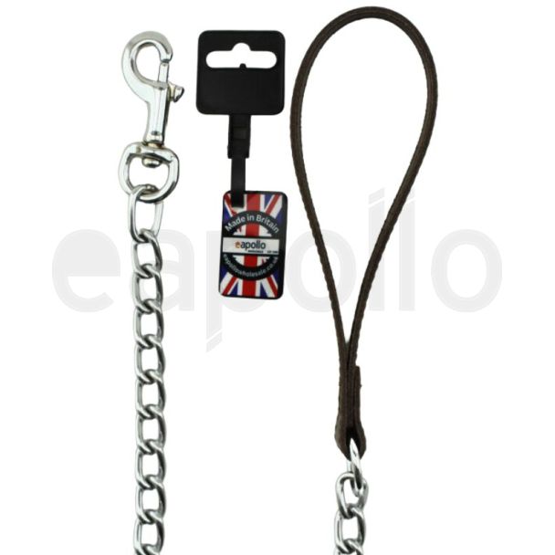 Metal Chain Lead With Leather Handle-Brown(30'')