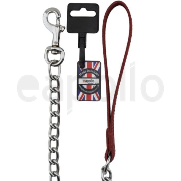 Metal Chain Lead With Leather Handle-Red (18'')