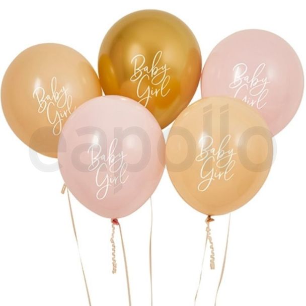 Pink, Nude & Gold 'Baby Girl' Latex 12" Balloons (Pack of 5)