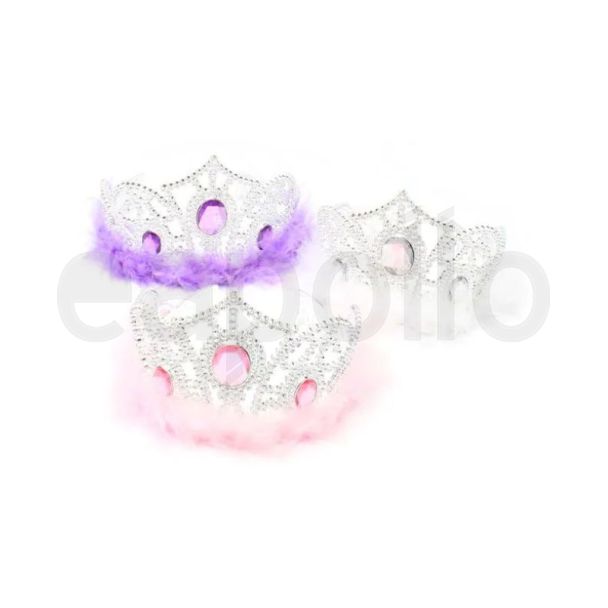 Plastic Silver Tiara with Heart Stone & Feather Trim - Assorted 