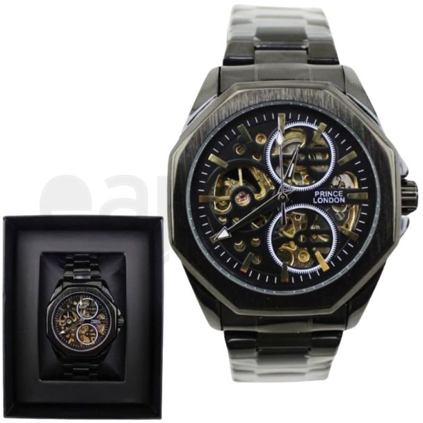 Prince Men's Automatic Watch With Metal Bracelet - Gun & Black (D1)