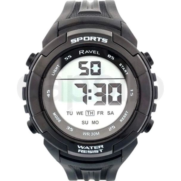 Ravel Men's 3ATM Digital Sports Silicon Watch With Backlight - Black