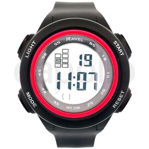 Ravel Men's 3ATM Digital Sports Silicon Watch With Backlight - Black/Red