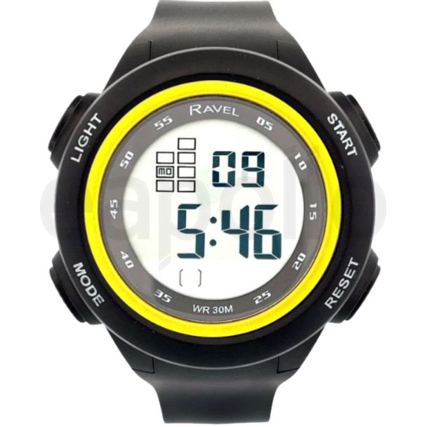 Ravel Men's 3ATM Digital Sports Silicon Watch With Backlight - Black/Yellow 