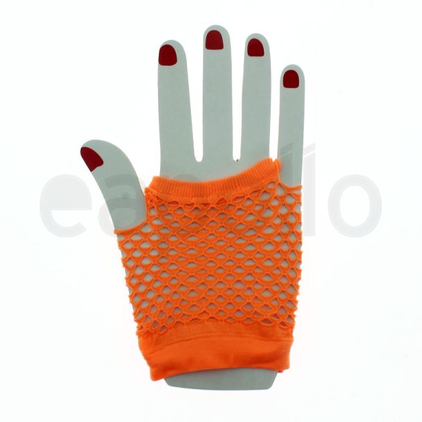 Short Ladies Fishnet Gloves - Neon Orange