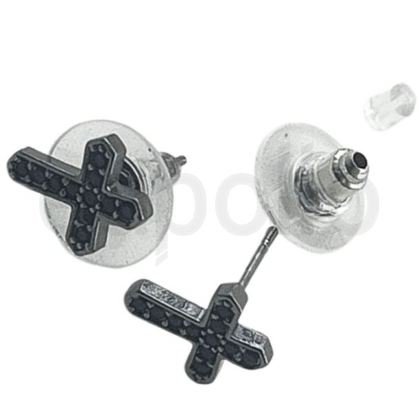 Silver Cross Stud Earrings with Black Stone Detailing