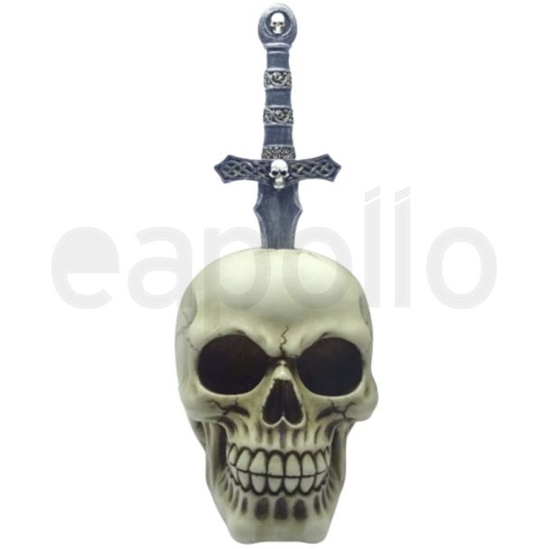 Skull with Metal Sword in Head Ornament - 23cm High