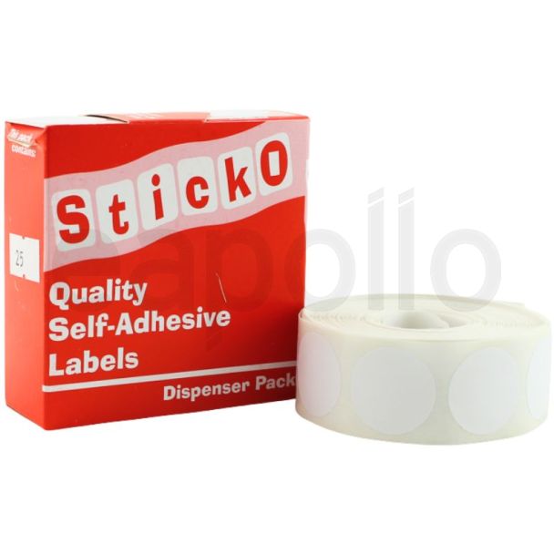 Sticko White Self Adhesive Labels Dispenser Pack  - Round (25mm)