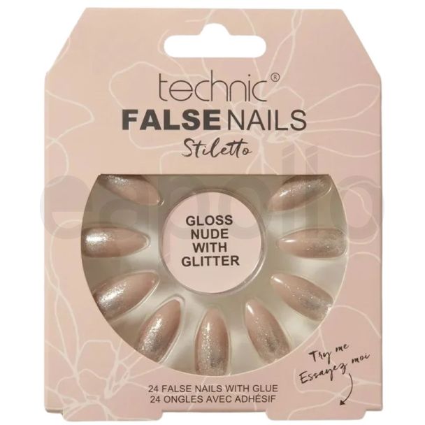 Technic False Nails With Glue – Stiletto Gloss Nude With Glitter 
