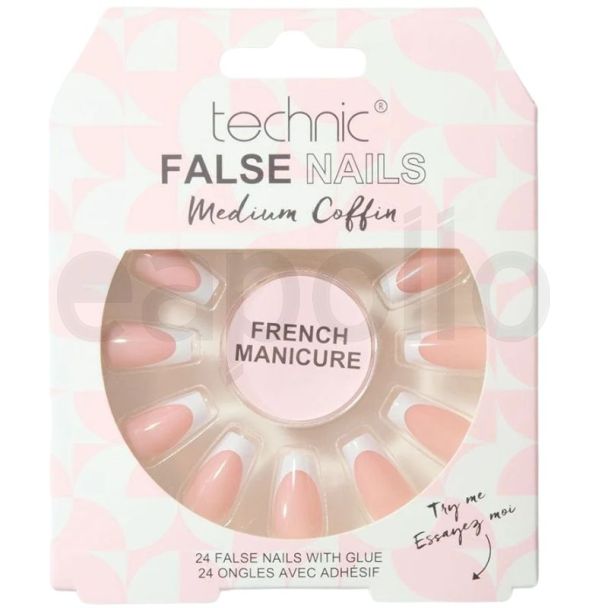 Technic French Manicure False Nails With Glue – Medium Coffin 