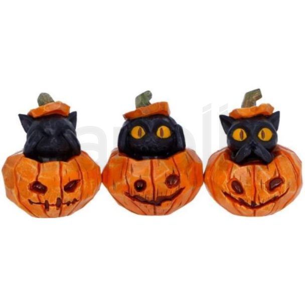 Three Wise Halloween Cats in Pumpkin Patch Figurine Set - 7.7cm