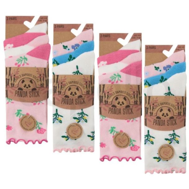 Ladies Panda Stick Bamboo Socks Floral Design (3 Pack) - Assorted