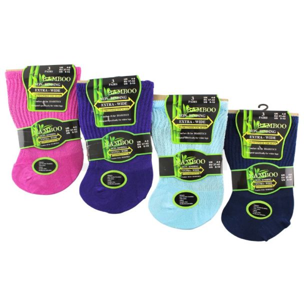 Ladies Bamboo Extra Wide Diabetics Ankle Socks (3 Pack) - Asst.
