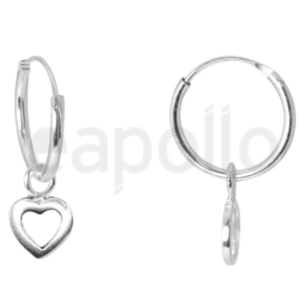 Sterling Silver Hoop Earrings with Dangling Heart Cut-Out Charm – 12mm