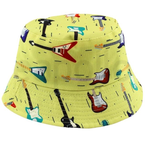 Adults 100% Cotton Reversible Bucket Hat Guitar Design - Yellow