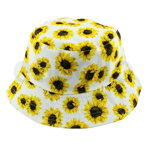Adults Bucket Hat Sunflower Design - White