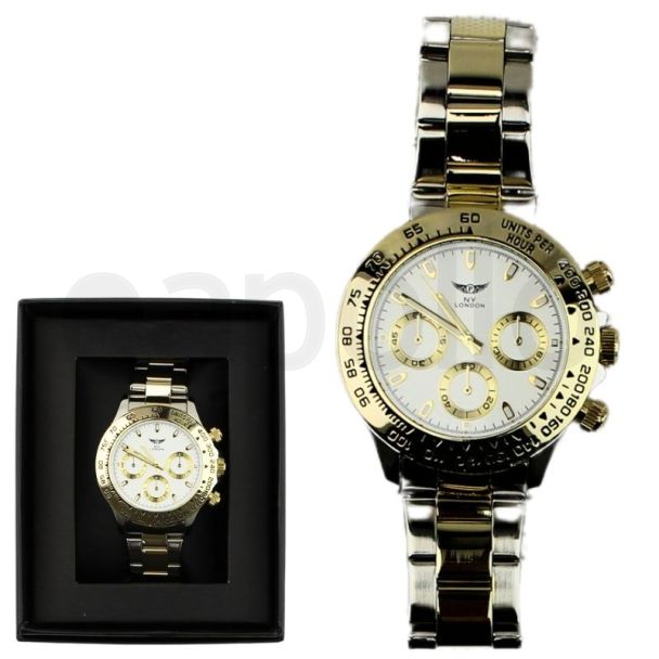 Wholesale Men's NY London Round Metal Bracelet 2-Tone Watch - Gold/White