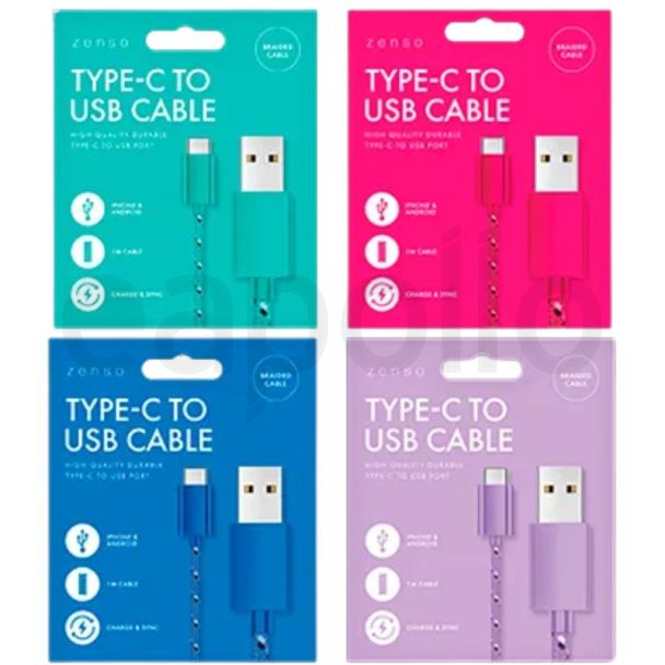 Zenso Braided Cable (Type C to USB)  -  Assorted Colours (1m )