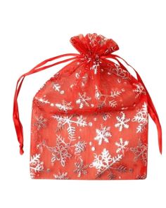 Wholesale Organza Gift Bag - Red With Silver Snowflake Print 