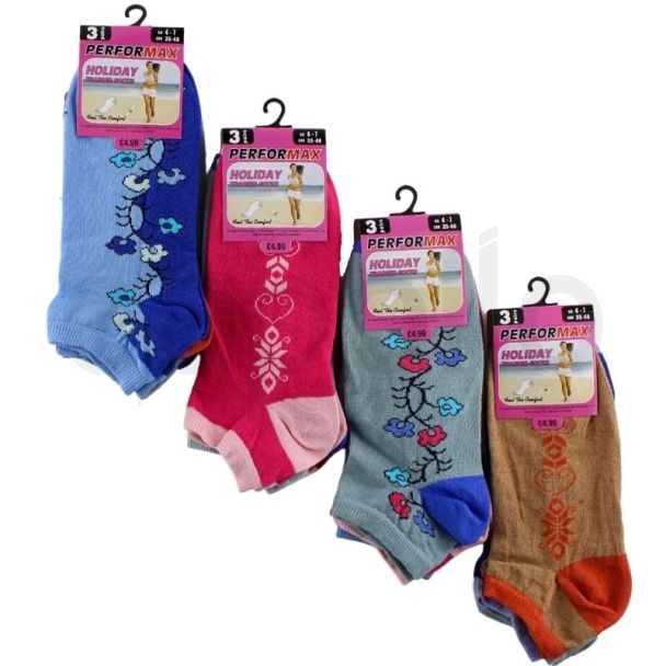 Performax Ladies Flower Design Trainer Socks (3 Pack) - Asst.