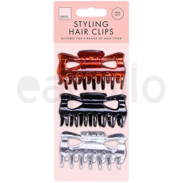 3pcs Black, Brown & Clear Plastic Hair Claw Clips - 9cm