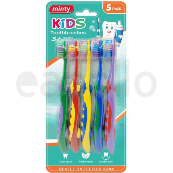 5pcs Minty Kids Toothbrushes - Assorted Colours 