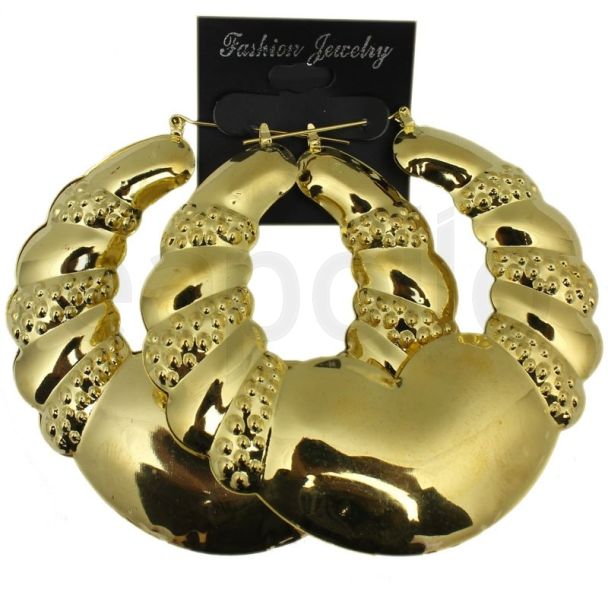 Gold Bamboo Design Hoop Earrings - 8cm