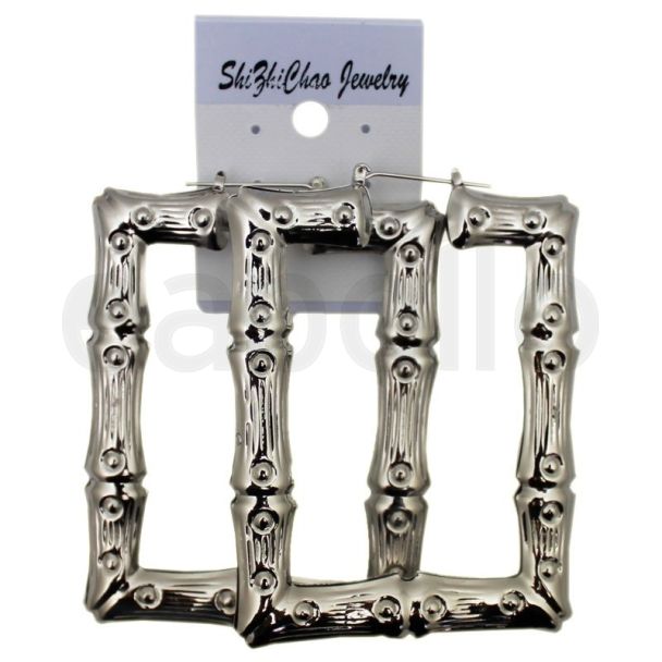 Silver Rectangle Bamboo Hoop Earrings - 6cm